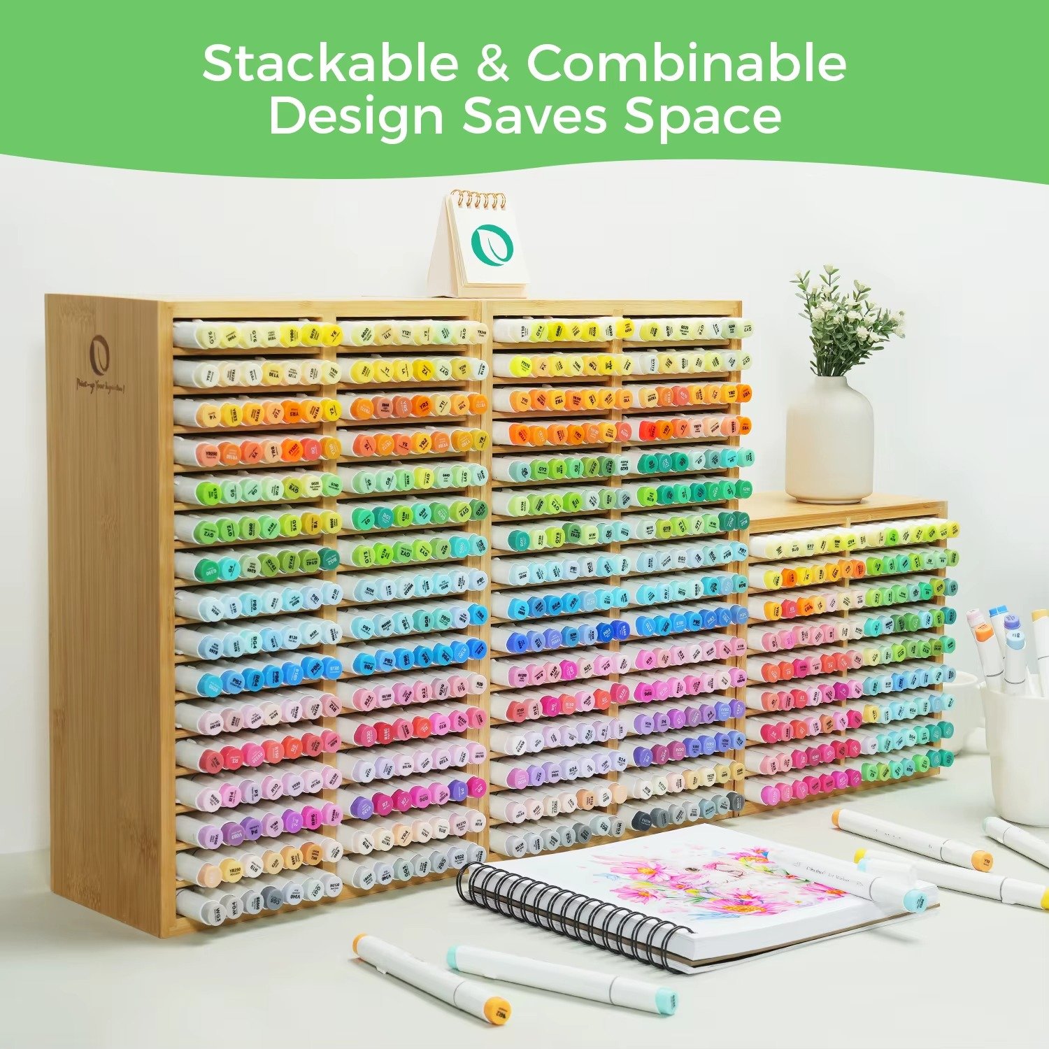 Ohuhu Bamboo Marker Organizer Wooden Desktop Storage Hold 126 Markers Pens Pencils Art Brushes Stationary Organizer Pen Holder