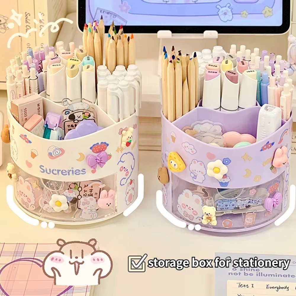 Cute Rotating Pen Holder Desktop Drawer Stationery Box Case School Office Desk Kawaii Stationery Storage Box Organizer Stickers
