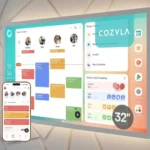 Cozyla Calendar 32-inch smart wall calendar with companion mobile app mounted on a modern geometric accent wall for family scheduling and organization.