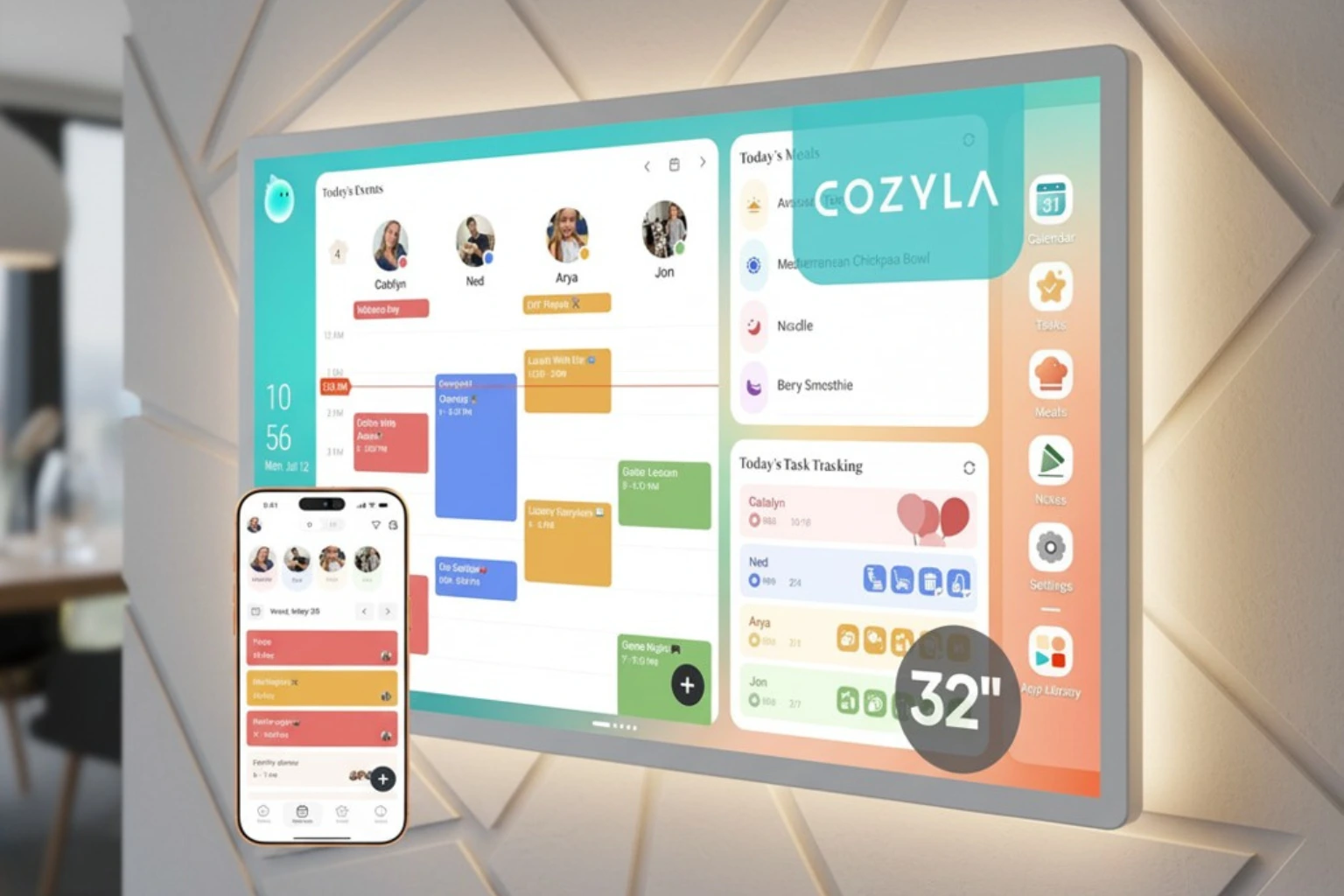 Cozyla Calendar 32-inch smart wall calendar with companion mobile app mounted on a modern geometric accent wall for family scheduling and organization.