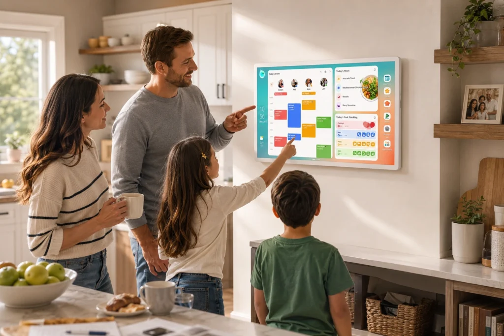 Modern family using the Cozyla Calendar 32-inch smart wall display in a bright Scandinavian kitchen to organize schedules, meal plans, chores, and family events.